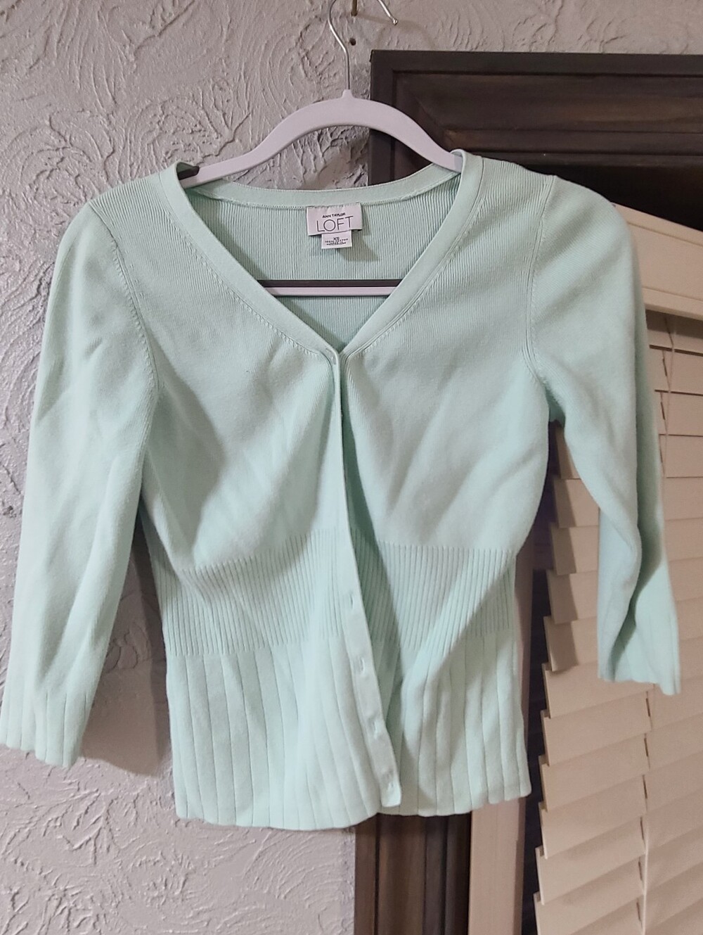 LOFT Mint Green V-Neck Button Ribbed Peplum Waist Cardigan